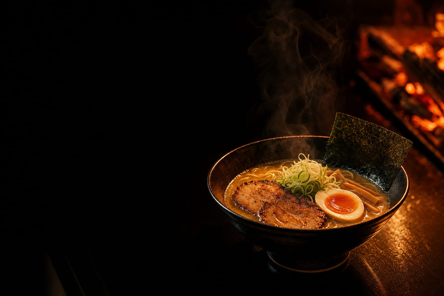 A steaming bowl of ramen on a black counter beside glowing charcoal